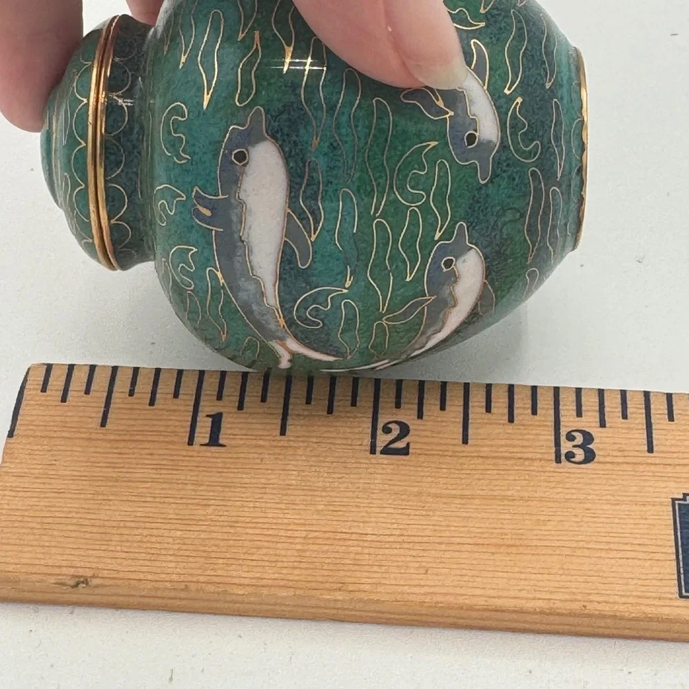 Vintage Cloisonne Ginger Jar Green Dolphin Enamel Lidded Urn Nautical Decor 3.5